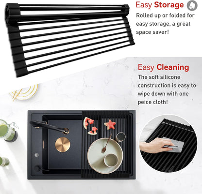 MERRYBOX Roll Up Over The Sink Dish Drying Rack Silicone Wrapped Foldable, Heat-Resistant, Anti-Slip Sink Rack Multipurpose Dish Drainer for Kitchen Sink Counter - White, 17.5" x 11"