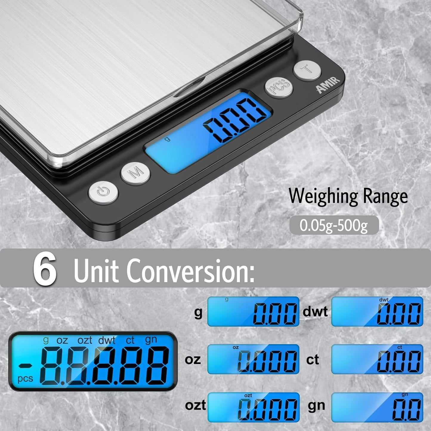 (Upgraded) AMIR Digital Kitchen Scale, 500g Mini Pocket Jewelry Scale, Food Scale, Coffee Scale, Back-Lit LCD Display, 2 Trays, 6 Units, Auto Off, Tare, PCS, Stainless Steel (Batteries Included)