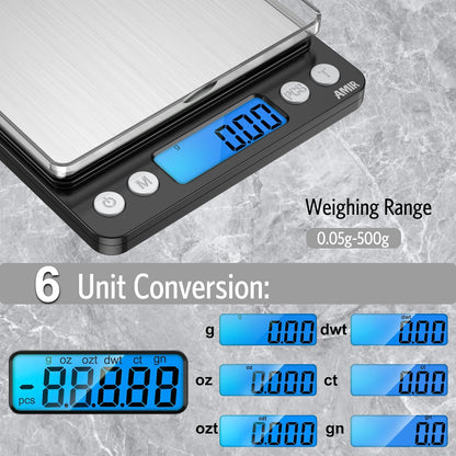 (Upgraded) AMIR Digital Kitchen Scale, 500g Mini Pocket Jewelry Scale, Food Scale, Coffee Scale, Back-Lit LCD Display, 2 Trays, 6 Units, Auto Off, Tare, PCS, Stainless Steel (Batteries Included)