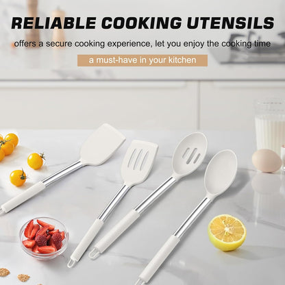 TeamFar Kitchen Utensils, 4 PCS Silicone Cooking Utensils Spatula Spoon Set with Stainless Steel Handle, for Frying Mixing Draining Turning, Healthy & Heat-proof, Non-stick & Dishwasher Safe - Black