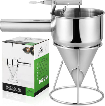 1200ML/40OZ Stainless Steel Pancake Batter Dispenser, Piston Funnel Dispenser with Stand Detachable Handle for Takoyaki Baking Cake Desserts with 4PCS Nozzles