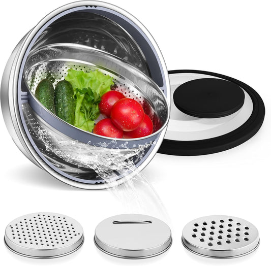E-far Colander with Mixing Bowl Set, 4-1 Stainless Steel Colander Strainers Bowl with Graters for Kitchen, Rotatable Food Strainer Bowl for Rinsing Fruits Vegetables/Draining Pasta - Blue