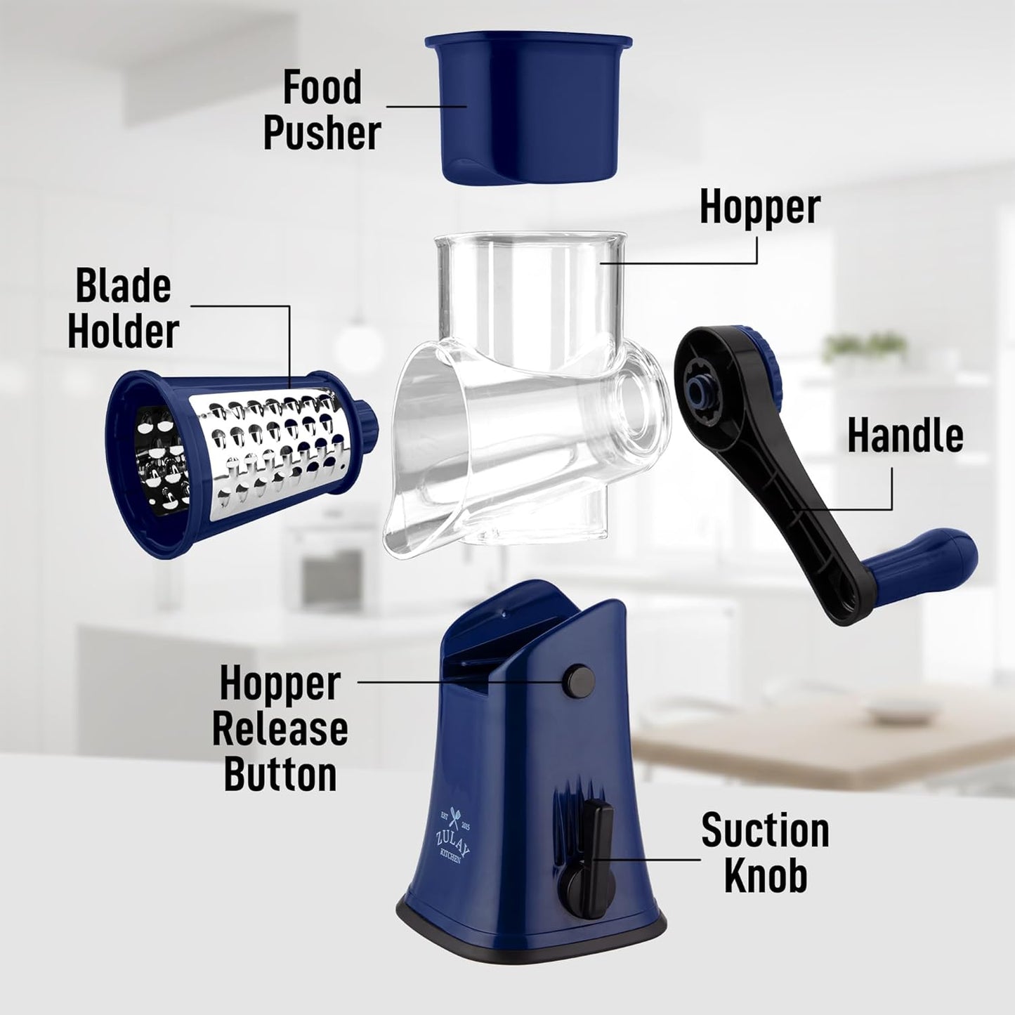 Zulay Kitchen Rotary Cheese Grater 5 Blade Cheese Shredder - Manual Hand Crank Cheese Grater With Reinforced Suction & 5 Interchangeable Drums - Easy to Use, Vegetable Chopper Round Mandoline Slicer - Colors B