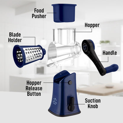 Zulay Kitchen Rotary Cheese Grater 5 Blade Cheese Shredder - Manual Hand Crank Cheese Grater With Reinforced Suction & 5 Interchangeable Drums - Easy to Use, Vegetable Chopper Round Mandoline Slicer - Colors B