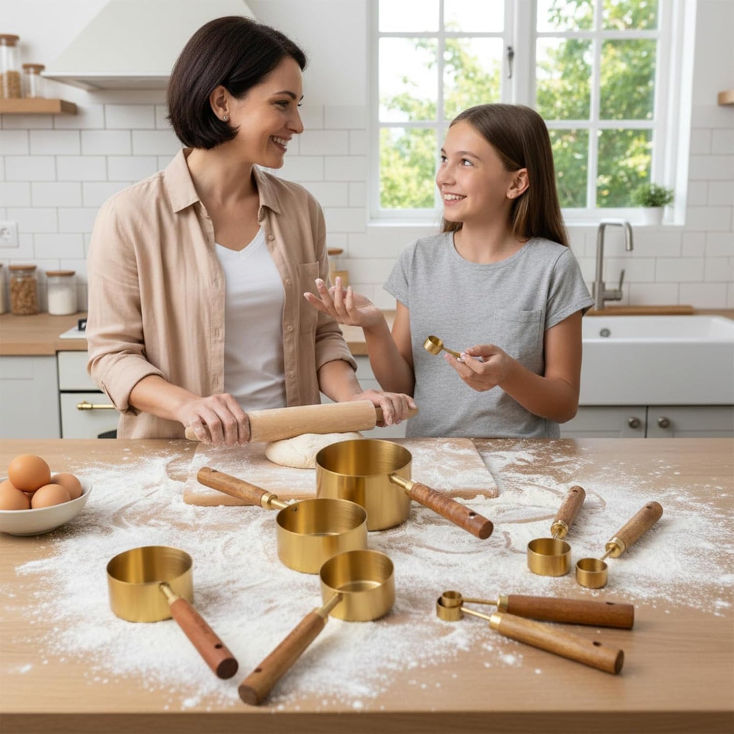 8 Pcs Gold Measuring Cups and Spoons Set, Stainless Steel Measuring Cups with Wood Handles, 4 Stackable Wooden Measuring Cups and 4 Measuring Spoons Set for Kitchen Cooking and Baking