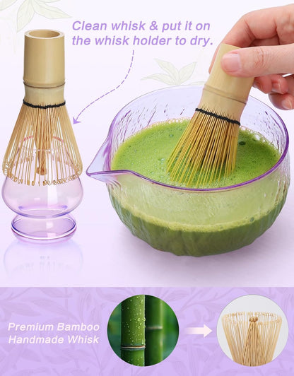 Matcha Whisk Set, 7 Pcs, Matcha Kit Includes Matcha Bowl, Matcha Whisk and Holder, Bamboo Scoop, Spoon, Sifter and Tea Towel, Matcha Set, Gift for Matcha Lovers & Beginners (Pink)