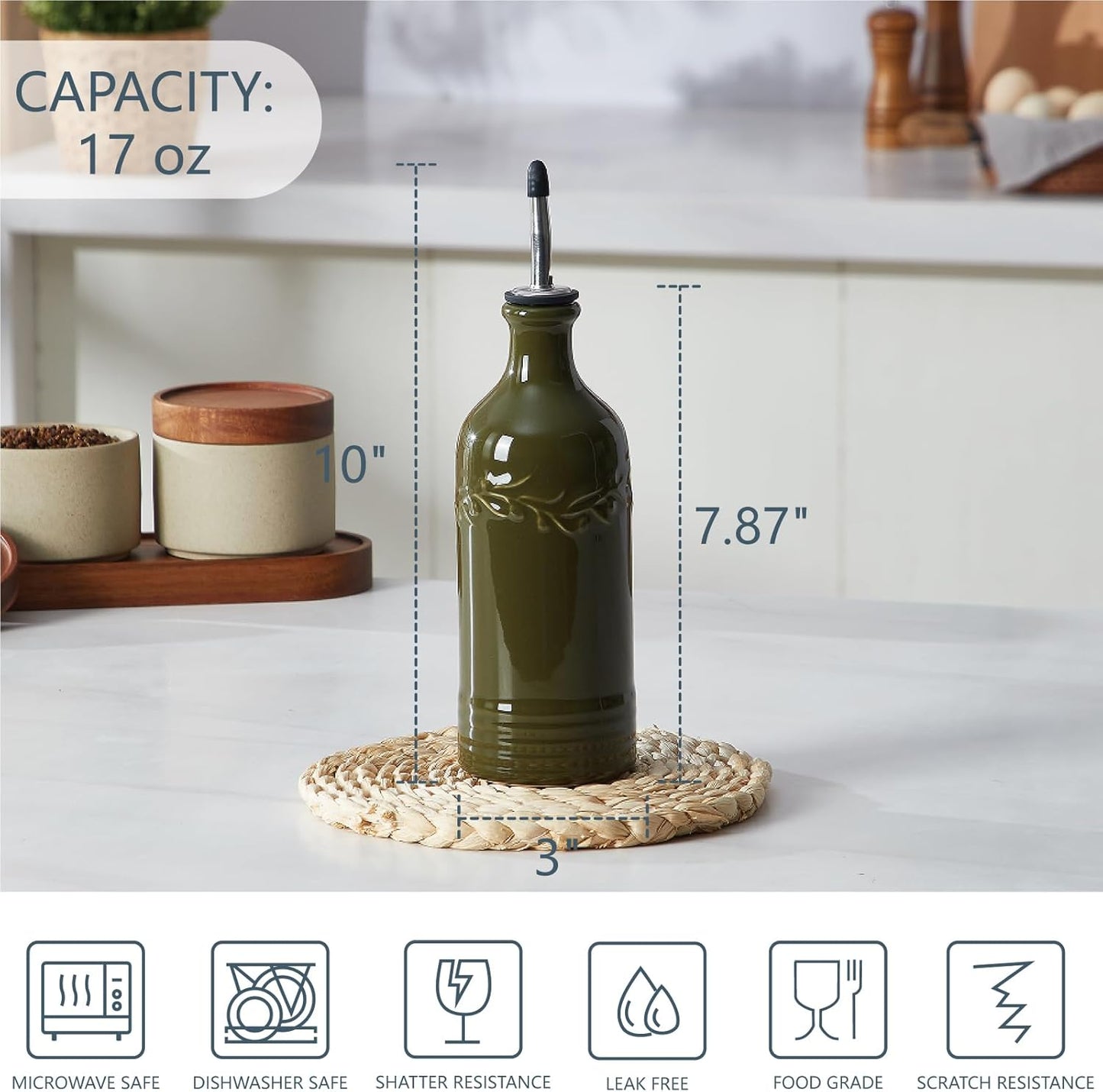 ONEMORE Ceramic Olive Oil Dispenser Bottle with Pour Spouts & Funnel, 17 oz Refillable Kitchen Oil Dispenser for Cooking, Drizzling, Dressing, Modern Leakproof Oil and Vinegar Dispenser, White