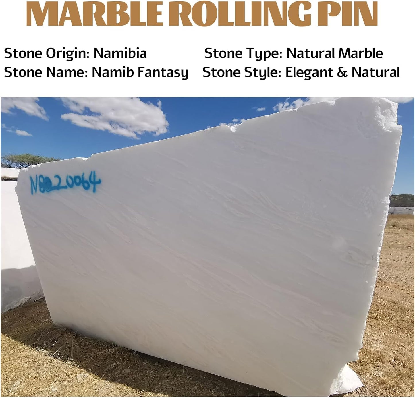 Koville African Natural Marble Rolling Pin, Non-Stick Polished Dough Roller, Pasta, Dumpling, Fondant, Pie Crust, Bread, Pizza Dough, Kitchen Baking Pastry Tools with Mat/Scraper（Namib Fantasy）