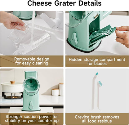 Rotary Cheese Grater Hand Crank, 5 in 1 Mandoline Vegetable Slicer - 5 Sets of Blades,Strong Suction Base&Easy to Clean - Kitchen Cheese Grater Shredder with Handle for Fruit,Vegetable,Nuts