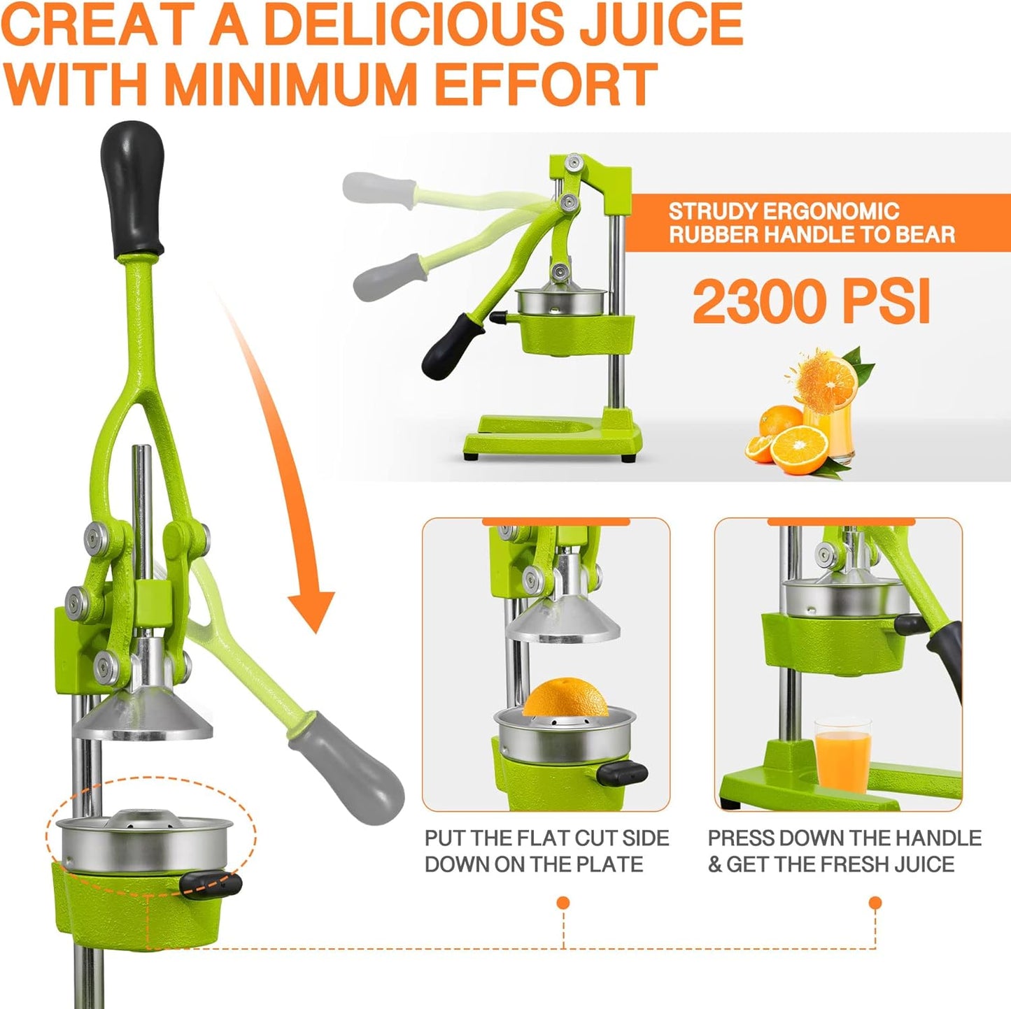Commercial Heavy Duty Cast Iron Hand Press Manual Orange Citrus Lemon Lime Grapefruit Pomegranate Fruit Juice Squeezer Machine with Stainless Steel Cup