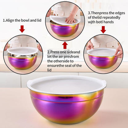 Red Mixing Bowls with Lids Set of 7, Stainless Steel Nesting Bowl with Khaki Lid for Non-slip Mixing Prepping Storing Serving, 7 Sizes-7/3.6/2.7/2.1/1.5/1/0.8 QT