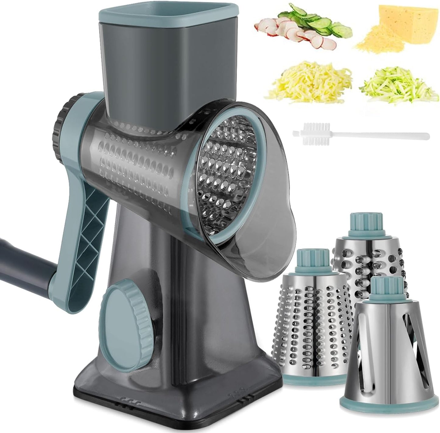 Cheese Grater Hand Crank Rotary Vegetables Shredder with Handle, 3-in-1 Graters with Interchangeable Blades and Non-slip Base Multifunctional Slicer for Kitchen