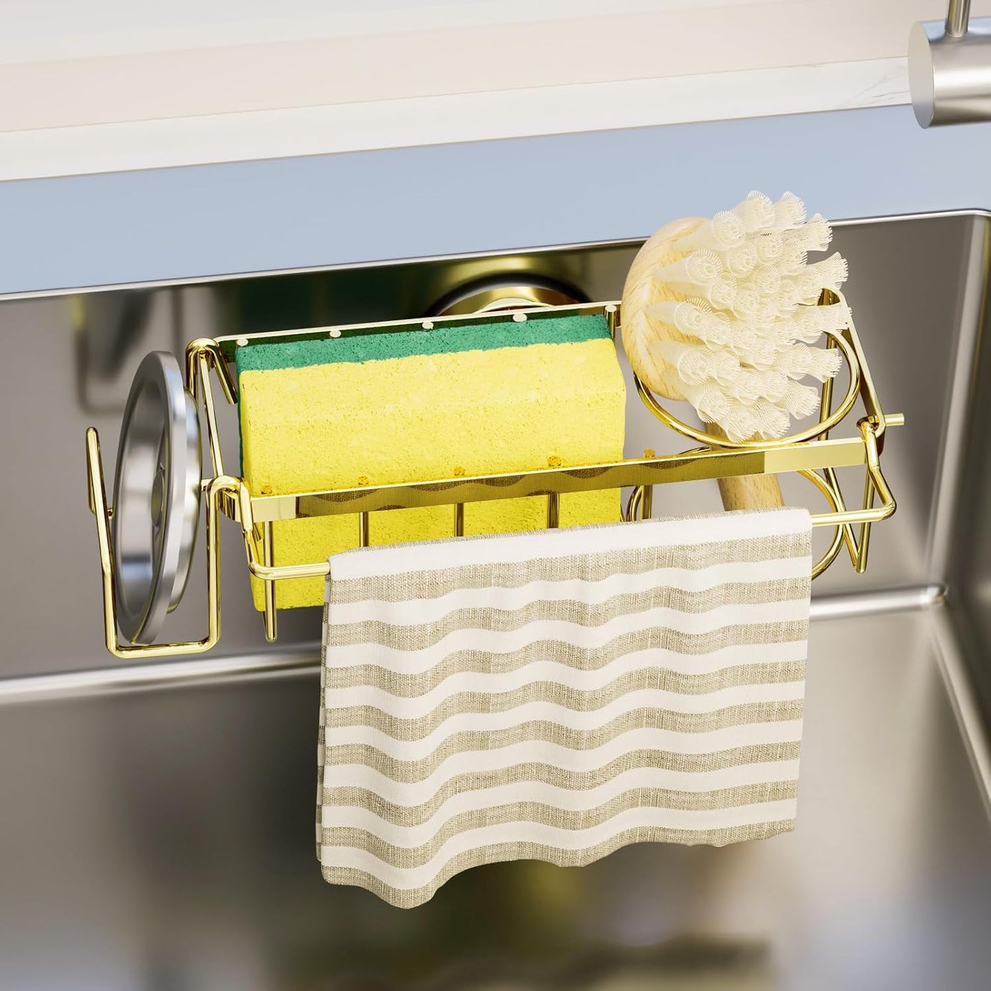 TAILI Sponge Holder for Kitchen Sink with Strong Suction Cup, Rustproof Aluminum Sink Caddy for Sponges, Removable Sponge Holder, Dish Brush for Scraper - Silver
