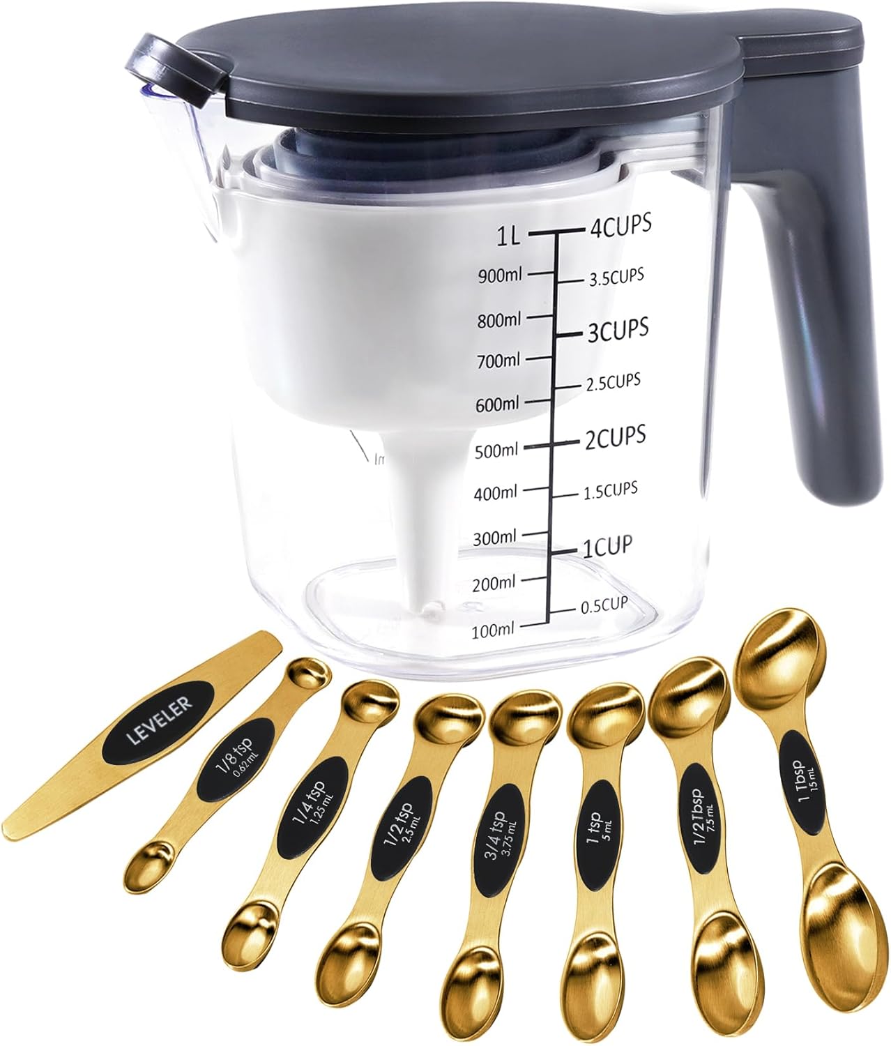 19 Pieces Measuring Cups and Spoons set, Includes 10 Stackable Measuring Cup with Lid and 9 Magnetic Measuring Spoons, Tablespoon for Liquid and Dry, BPA Free, Dishwasher Safe (Black)