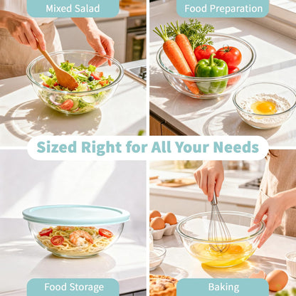 WhiteRhino Glass Mixing Bowls Glass Bowls with Lids Set(4.5QT,2.7QT, 1.1QT),Large Salad Bowls,glass mixing bowl Space-Saving Nesting Storage bowls for Cooking,Baking,Prepping,Dishwasher Safe