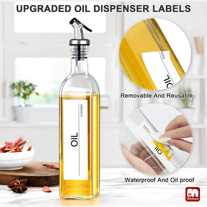 gmisun Olive Oil Dispenser for Kitchen, 4 Pack 17 fl oz Glass Oil Dispensers Bottle, Cooking Soy Sauce Bottle Container Cruet with Plastic Pourer Spout, Funnel and Labels, Clear