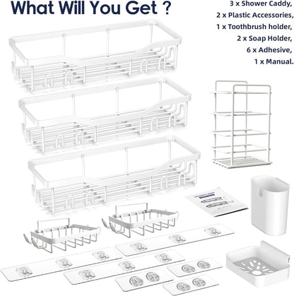 NESOMI Shower Caddy Adhesive Shower Organizer 7-Pack, Rustproof Stainless Steel Bathroom Shelves, Large Capacity No-Drill Rack Storage Accessories with Soap Dish Toothbrush Holder &24 Hooks Home Decor
