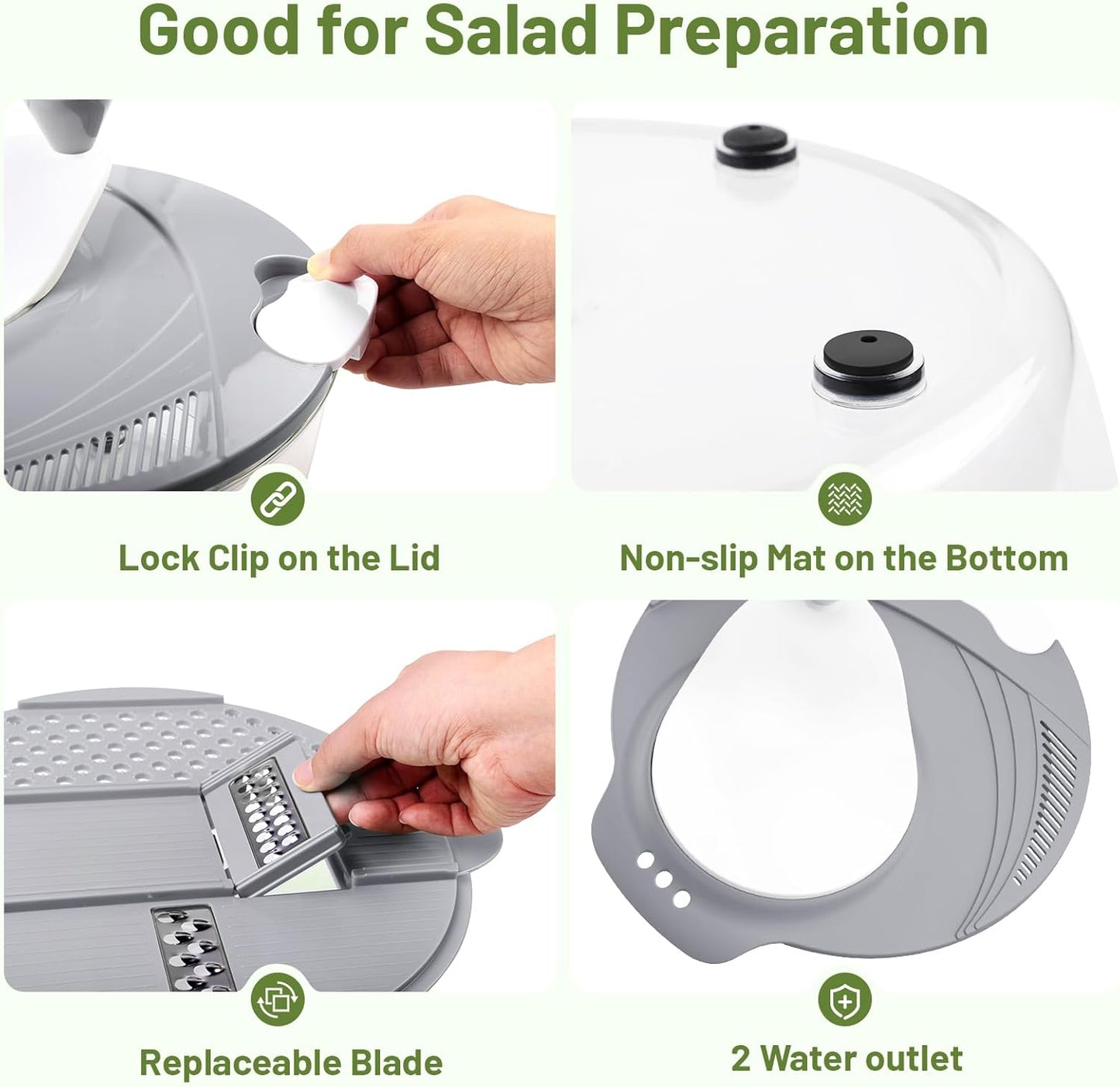Salad Spinner, 5.3 QT Lettuce Spinner with Strainer, Fruit Cleaner with 4 Replaceable Blade for Shredding, Slicing and Pureeing, Salad Washer & Dryer for Quick Washing (Green)