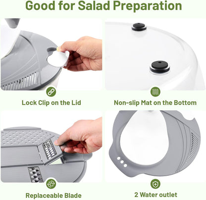 Salad Spinner, 5.3 QT Lettuce Spinner with Strainer, Fruit Cleaner with 4 Replaceable Blade for Shredding, Slicing and Pureeing, Salad Washer & Dryer for Quick Washing (Green)