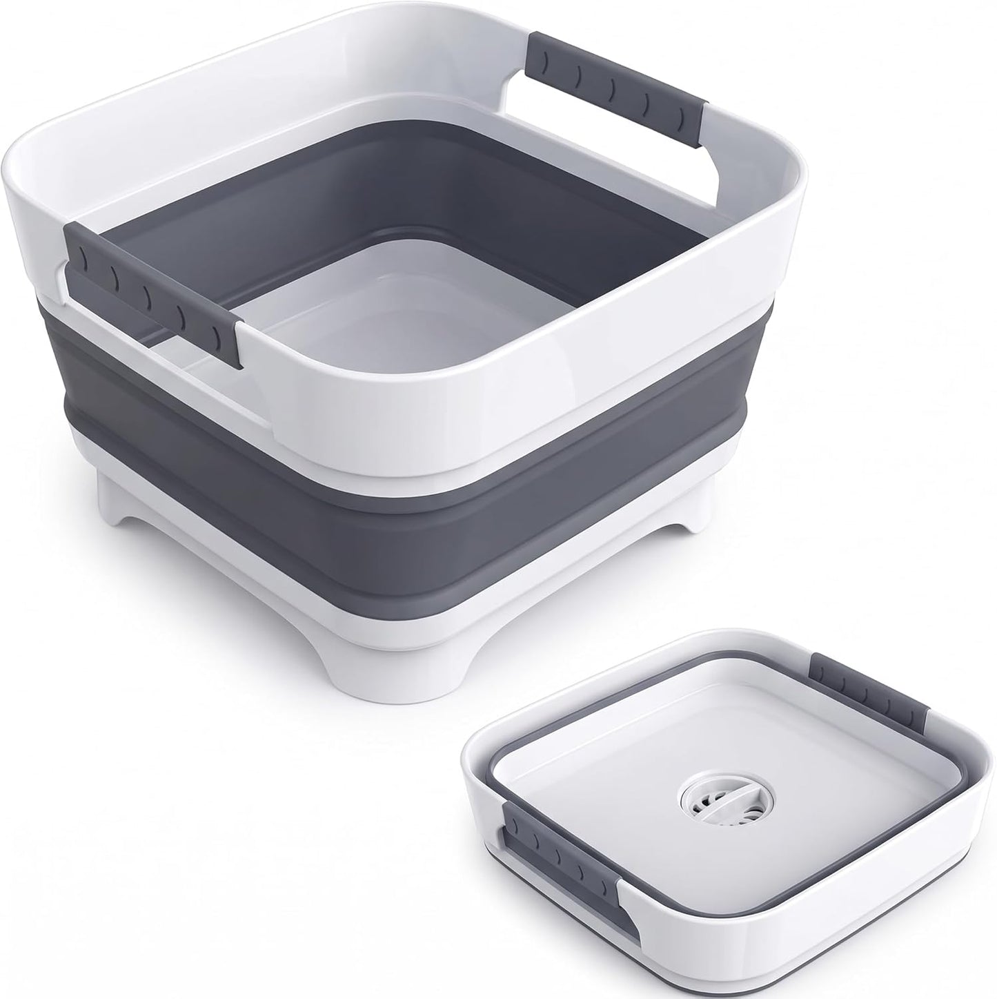 Collapsible Dish Basin with Drain Plug, 2.4 Gal 9L Foldable Wash Basin, Portable Sink Tub for Kitchen, Baby Bottles, Camping, RV, Vegetable Washing and Beverage Tub, Gray