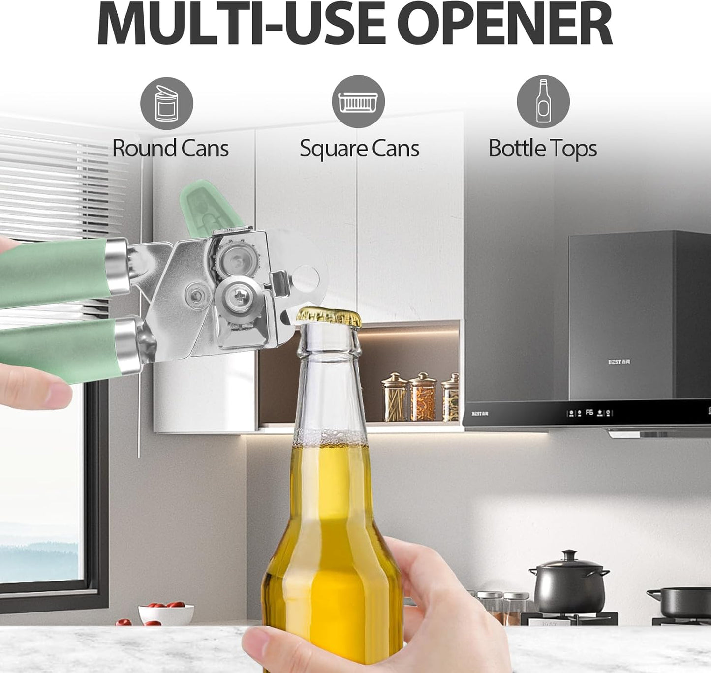 Safring Can Opener Manual, Heavy Duty Handheld Strong Can Opener with Soft Touch Handle, Sharp Blade Smooth Edge, Can Openers with Multifunctional Bottle Opener, Black