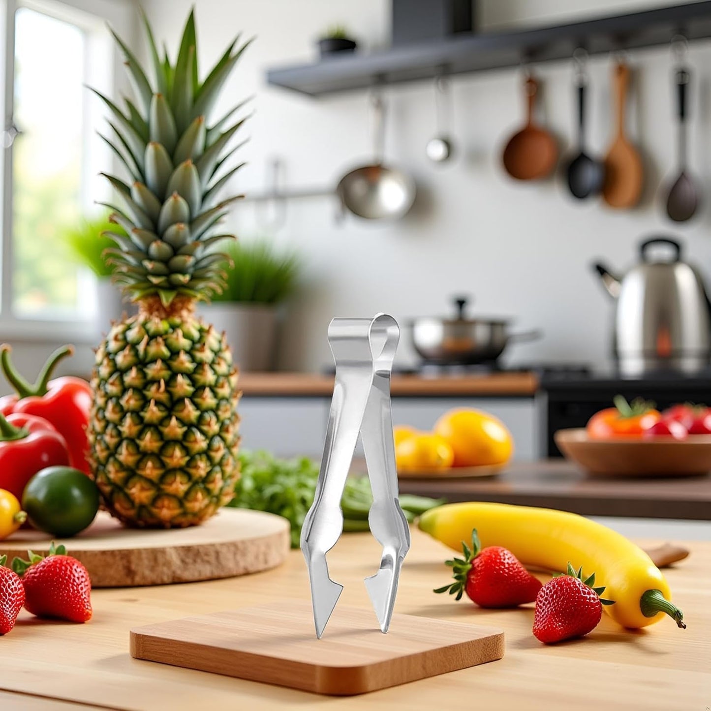 Silver Multi-Functional Fruit and Vegetable Stem Remover Clip, Strawberry Huller, Pineapple Eye Remover, Kitchen Gadget, Stainless Steel Handle