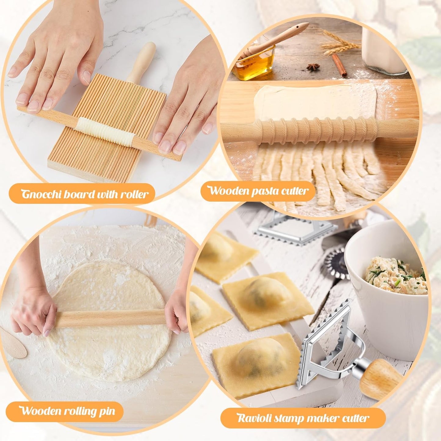 Tioncy 7 Pcs Pasta Making Tool Set Kitchen Gift, Wood Gnocchi Board with Ravioli Stamp Ravioli Maker Rolling Pin Gnocchi Garganelli Italian Pasta Tools for Beginners Home Cooks