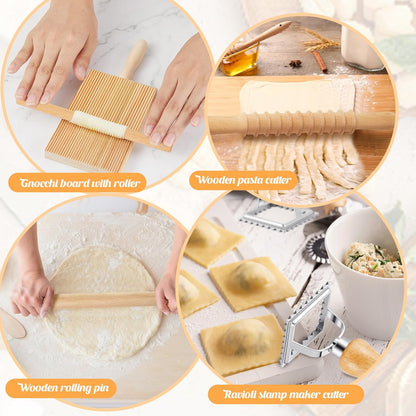 Tioncy 7 Pcs Pasta Making Tool Set Kitchen Gift, Wood Gnocchi Board with Ravioli Stamp Ravioli Maker Rolling Pin Gnocchi Garganelli Italian Pasta Tools for Beginners Home Cooks