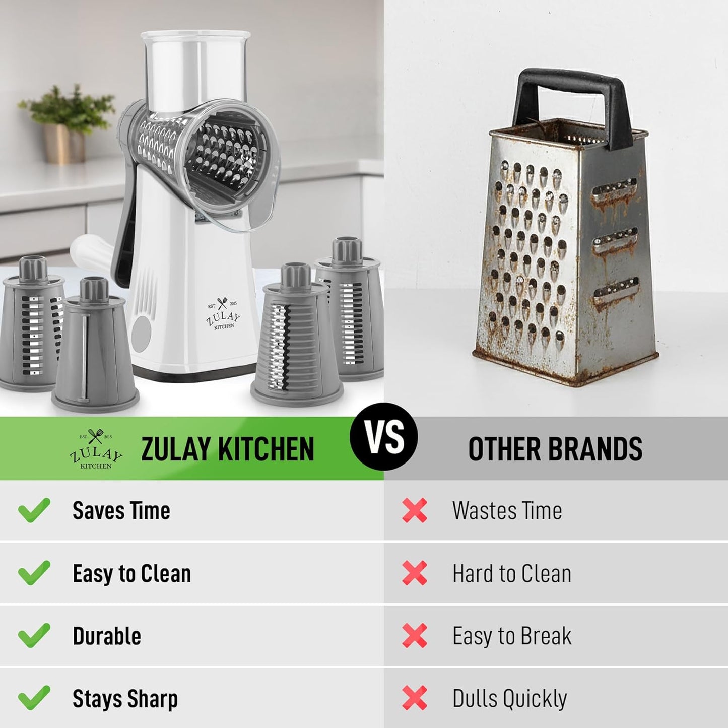 Zulay Kitchen Rotary Cheese Grater 5 Blade Cheese Shredder - Manual Hand Crank Cheese Grater With Reinforced Suction & 5 Interchangeable Drums - Easy to Use, Vegetable Chopper Round Mandoline Slicer - Colors A