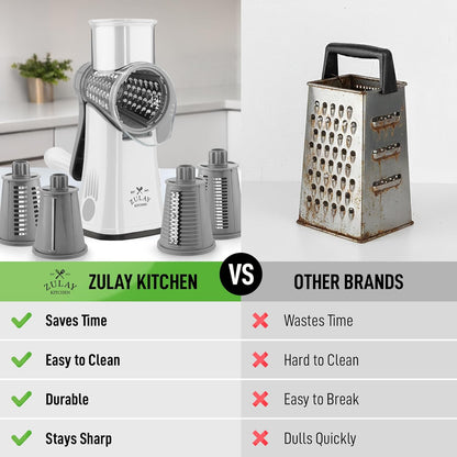 Zulay Kitchen Rotary Cheese Grater 5 Blade Cheese Shredder - Manual Hand Crank Cheese Grater With Reinforced Suction & 5 Interchangeable Drums - Easy to Use, Vegetable Chopper Round Mandoline Slicer - Colors A