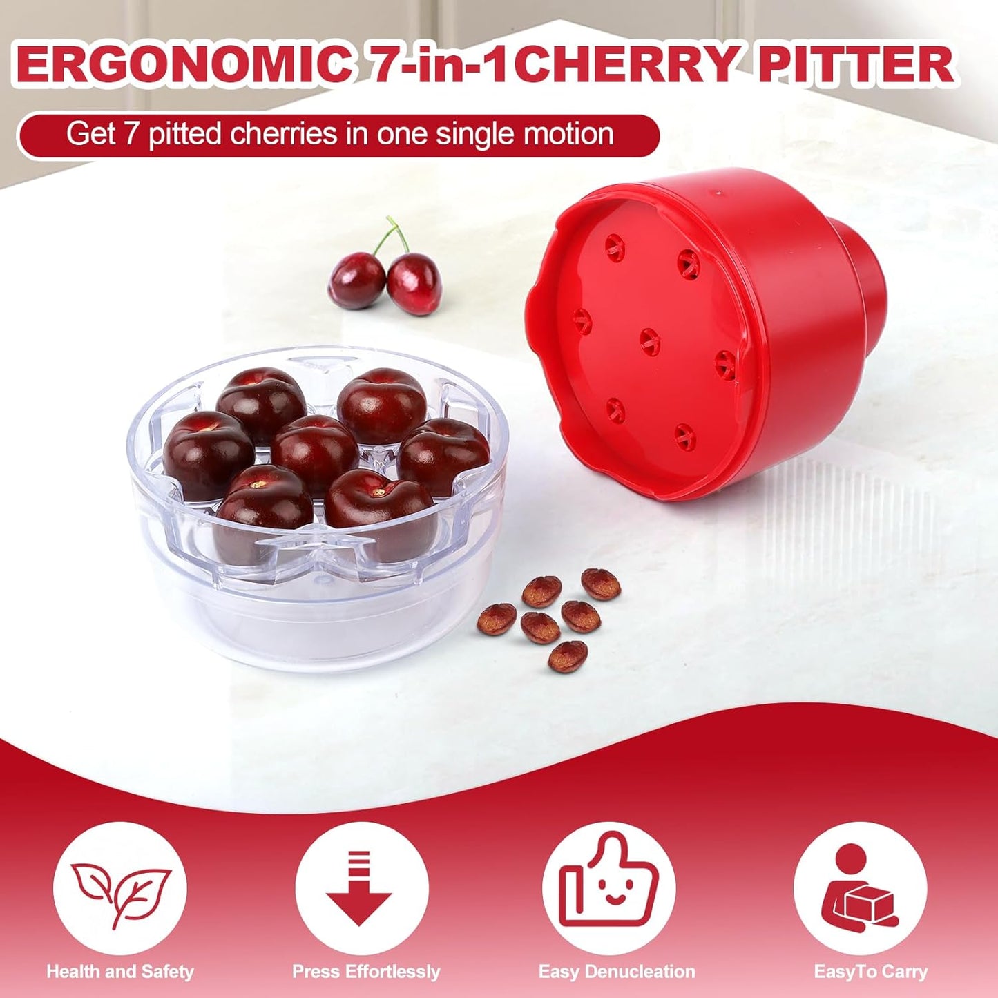 Cherry Pitter Tool 7-in-1 - Quick Clean Hands-Free Cherry Seed Remover for Baking & Canning, Dishwasher Safe Kitchen Tool for Home Cooks and Busy Moms (C)