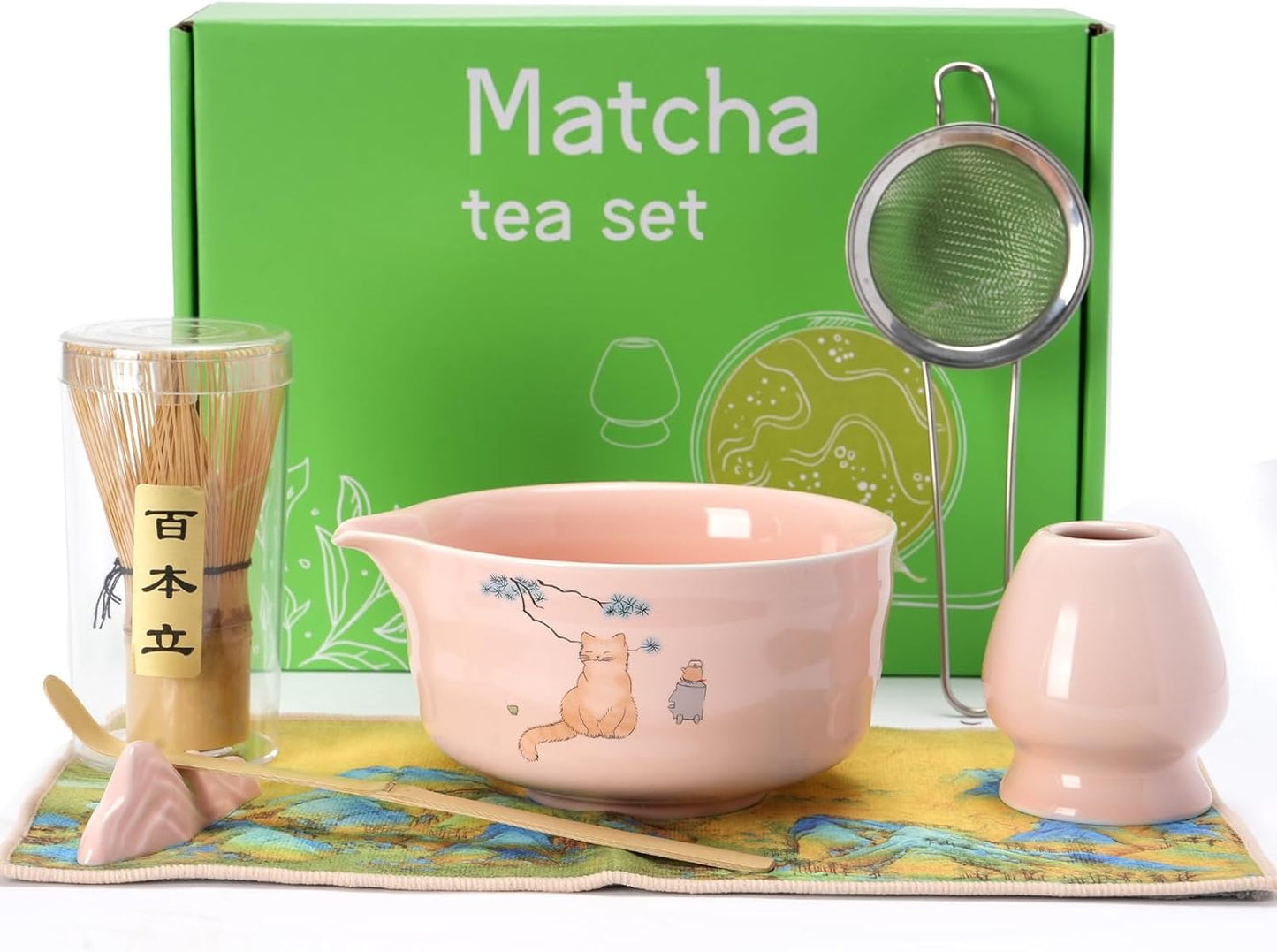Matcha Whisk Set, Japanese Matcha Kit Set 7-Pcs with Matcha Bowl (Chawan), Matcha Whisk and Holder, Bamboo Scoop, Scoop Rest, Sifter and Tea Towel - Authentic Tea Ceremony Tools for Tea Lovers(Blue)