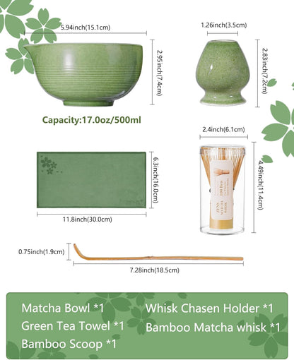 ZENS Pink Matcha Set, Matcha Whisk Set Includes 15oz Ceramic Bowl & (Chasen Holder), Bamboo Whisk & Scoop, Sifter and Pink Tea Towel, 6pcs Matcha Kit for Matcha Lovers