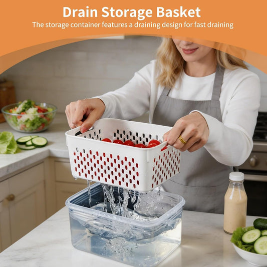 Drain Storage Basket, Fruit Storage Containers for Fridge with Removable Colander and Lid Produce Containers Keep Fruits Vegetables Meat Freshness (1750ML)