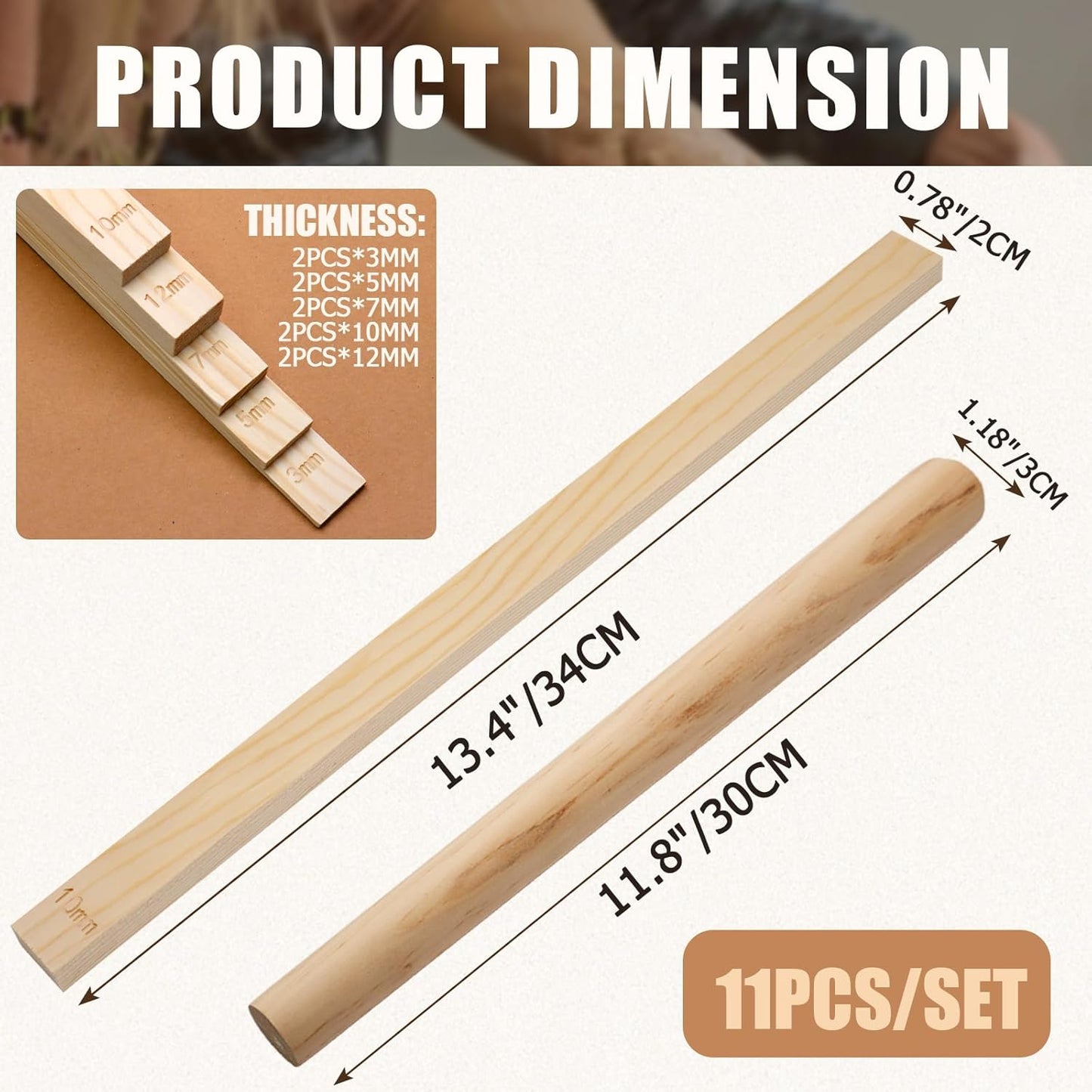 suiwotin 11pcs Wooden Pottery Teaching Kit - 10pcs 5-Size Clay Thickness Guides with 1pc Rolling Pin for Clay Art, Ceramics & DIY Craft Projects