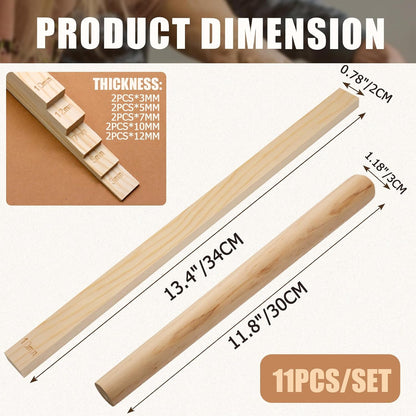 suiwotin 11pcs Wooden Pottery Teaching Kit - 10pcs 5-Size Clay Thickness Guides with 1pc Rolling Pin for Clay Art, Ceramics & DIY Craft Projects