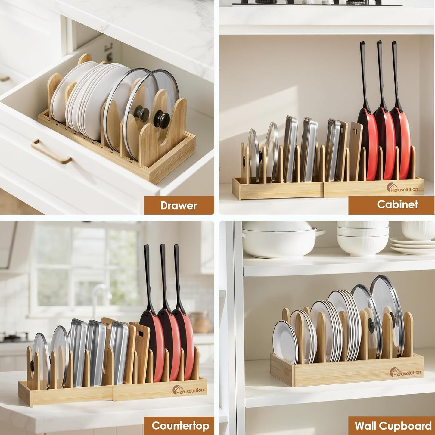 Housolution Bamboo Pot and Pan Organizer for Cabinet, 15"-29" Expandable Pot Lid Organizer with 10 Adjustable Dividers, Wooden Pan Holder Storage Rack, Fully Expanded Size 29.5" W x 8" D x 7.5" H