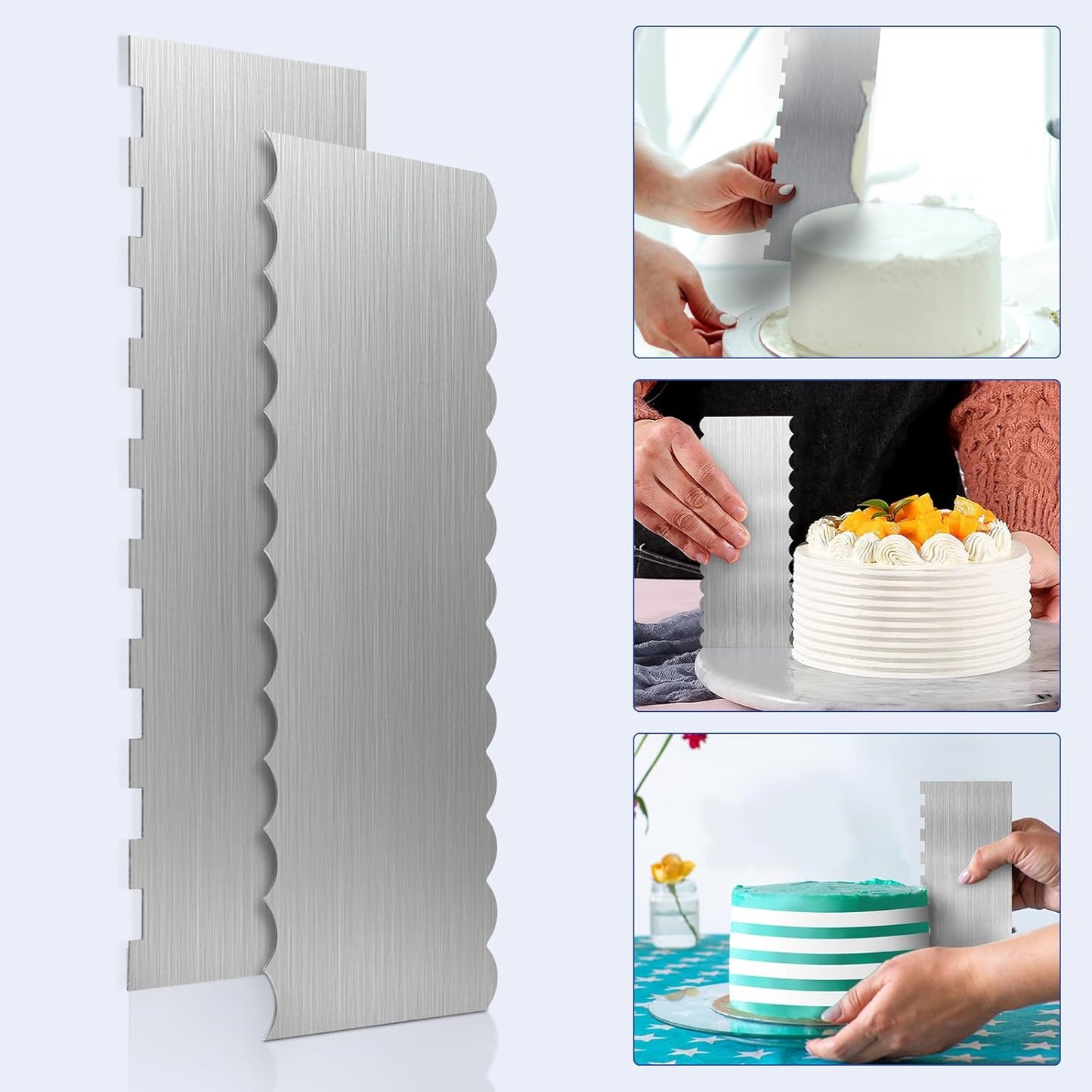 2 Pcs Stainless Steel Cake Scraper, 8.6-inch Double Sided Patterned Edge Stripe Edge Smoother Scraper, Cake Decorating Comb Metal Cake Scraper for Butter Mousse Cream Decoration
