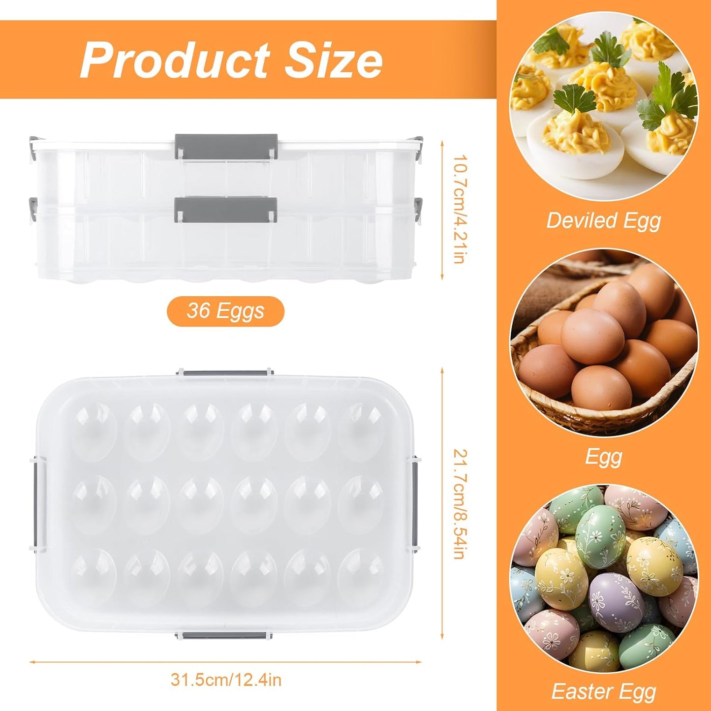 2-Layer Deviled Egg Containers with Lid, 36 Slots Refrigerator fridge organizers and storage egg cartons with Handle for Easter, with Slicer Kitchen Tongs Piping Decorating Kit