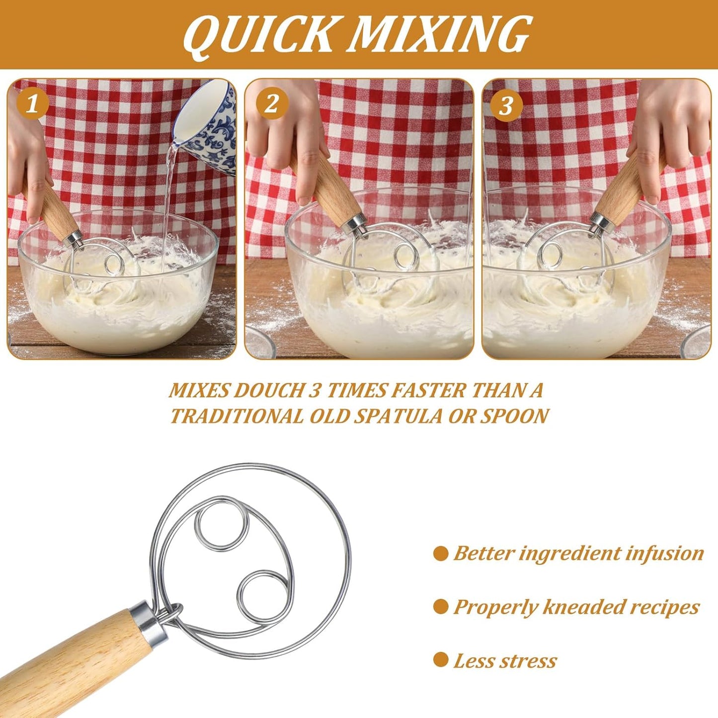 2 PCS Bread Wisk, Oak Handle Danish Wisk, Stainless Steel Dough Whisk, Bread Mixer Tool for Sourdough, Flour Paste, Butter, Pancake, Pizza, Cake, Pastry, Biscuits