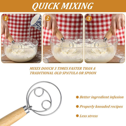 2 PCS Bread Wisk, Oak Handle Danish Wisk, Stainless Steel Dough Whisk, Bread Mixer Tool for Sourdough, Flour Paste, Butter, Pancake, Pizza, Cake, Pastry, Biscuits