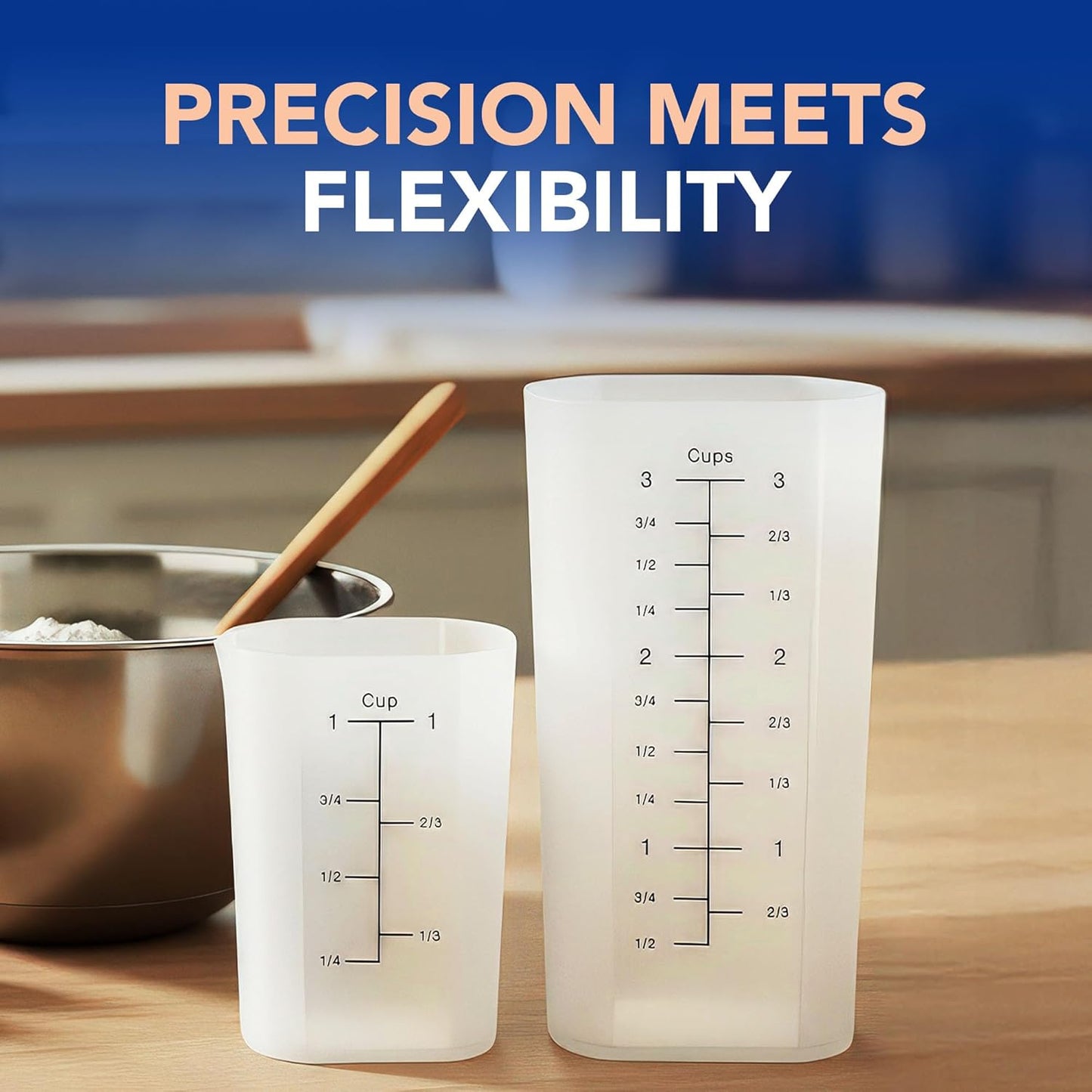 Measuring Cup Set - 2-Piece (1-Cup & 3-Cup Capacity) with Flexible Silicone Front & Rigid Back for Precise, Non-slip Pouring, Easy-Read Measurements (Cups, Oz, ML), Dishwasher Safe