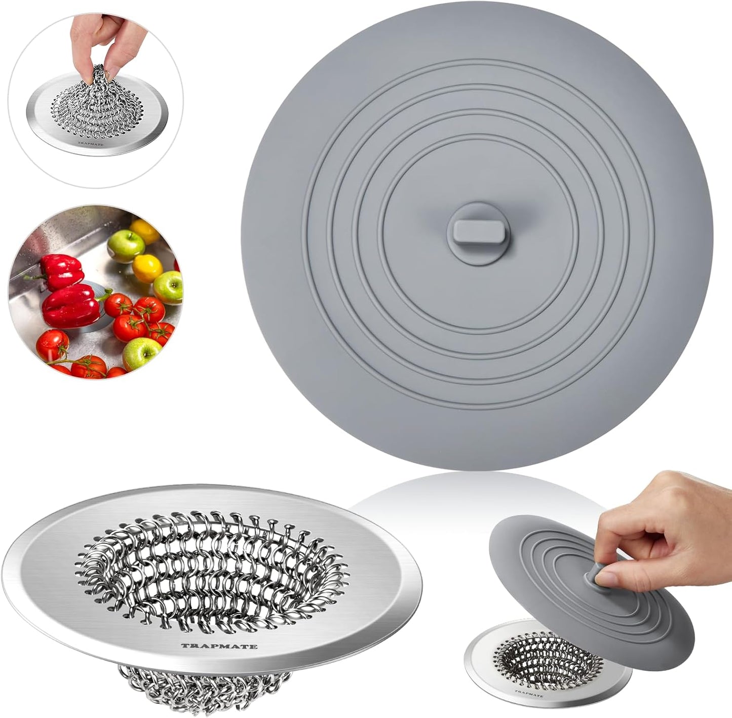 TRAPMATE Kitchen Sink Drain Strainer, Reversible Chain Mesh Sink Strainer, 304 Stainless Steel Anti-Clogging & Easy Clean Sink Strainer Basket, Fits US Standard Kitchen Sink Drains, Dishwasher Safe