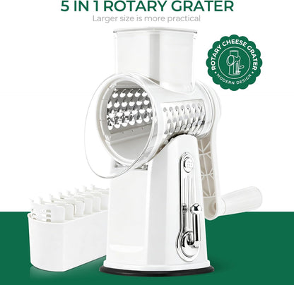 SUSTEAS Rotary Cheese Grater with Handle - Vegetable Shredder with 5 Well-designed Blades & Strong Suction Base,Round Mandoline Slicer & Food Chopper for Kitchen,with Blade Storage Box(Beige)