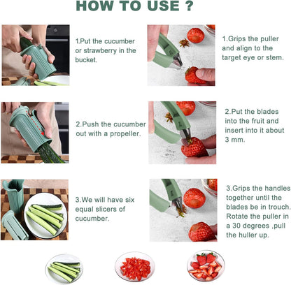 Cucumber Cutter, Strawberry Huller Stem Remover and Strawberry Slicer Set, Grape and Cherry Tomato Slicer for Kids,Fruit and Vegetable Slicer Suitable for Salad and Cake Decoration