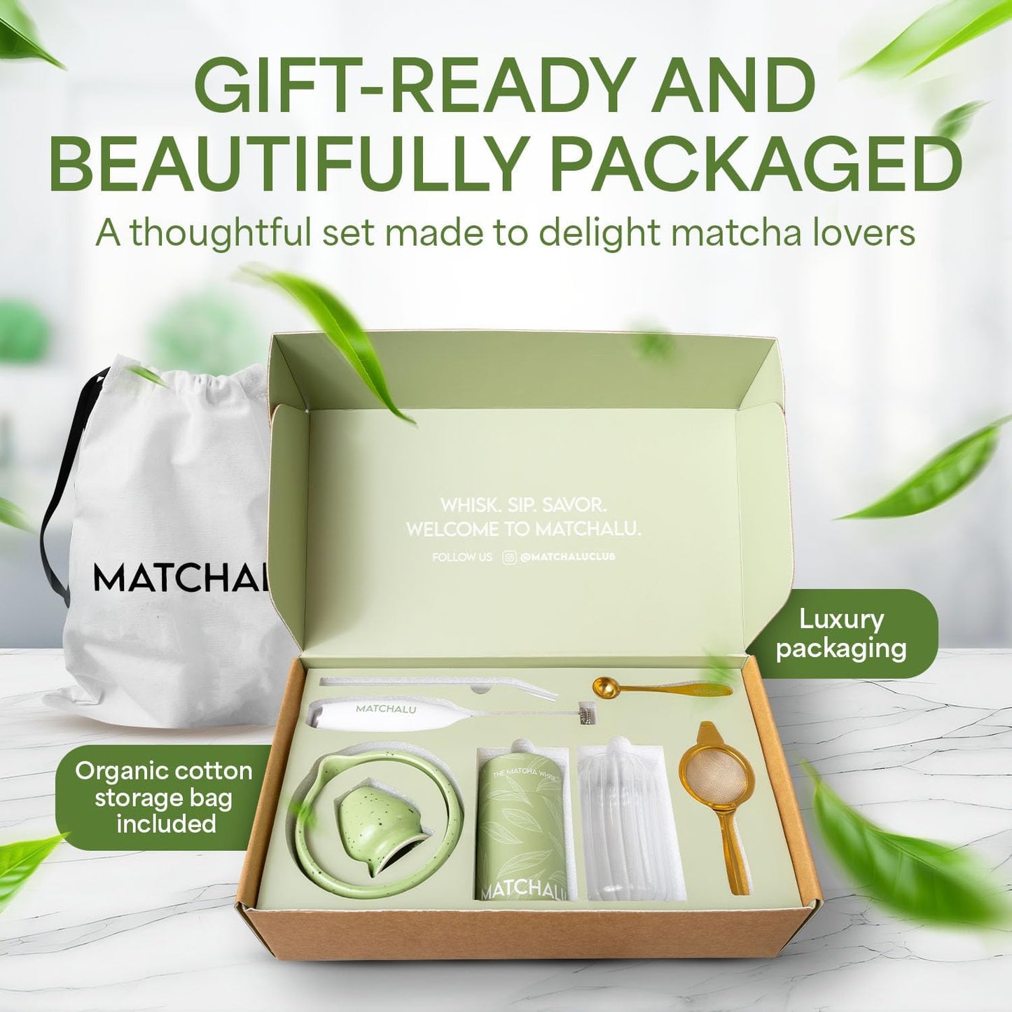 Matcha Whisk Set With Ceramic Matcha Bowl, Bamboo Whisk & Holder, Stainless Steel Spoon & Sifter, Glass Cup & Straw, Electric Frother, Storage Bag - Gift for Matcha Lovers (Premium 9-Piece Set White)