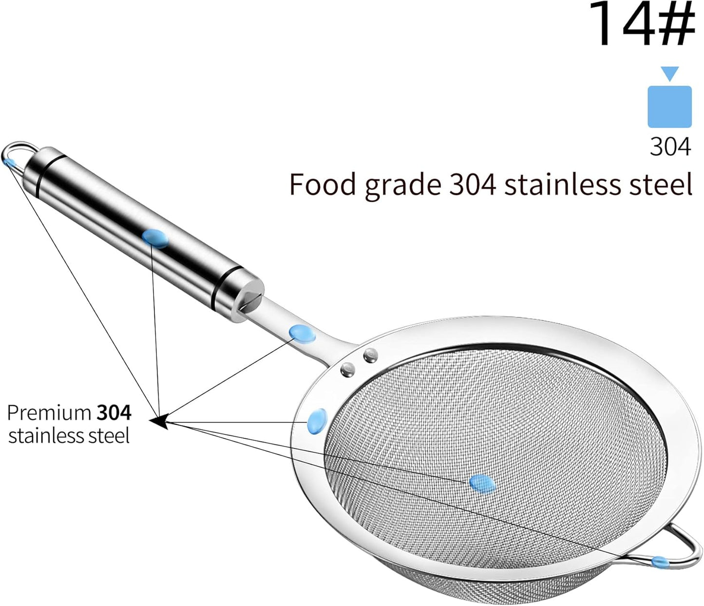 304 Stainless Steel Fine Mesh Strainers for Kitchen, Colander-Skimmer with Handle, Sieve Sifters for Food, Tea, Rice, Oil, Noodles, Fruits, Vegetable