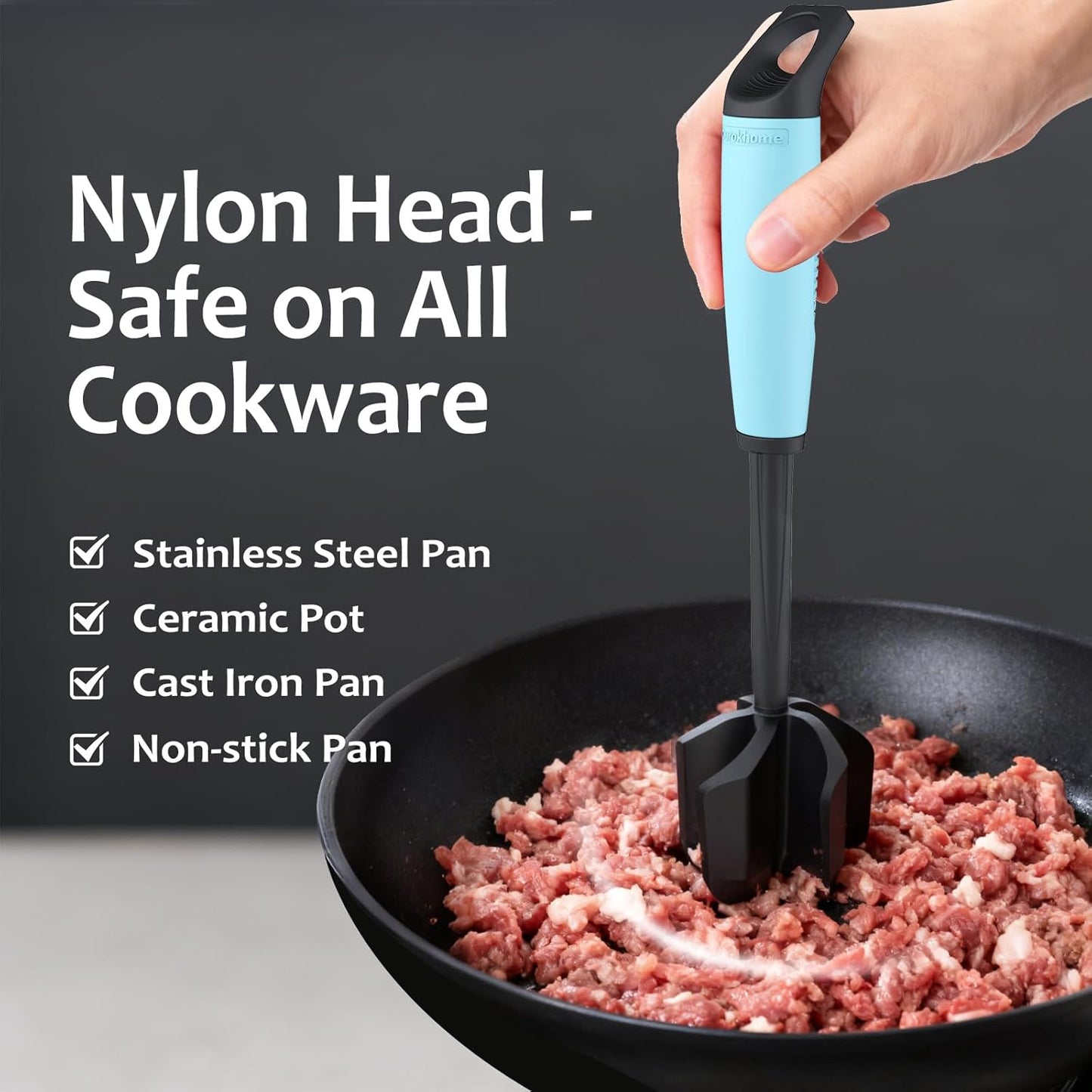 Ourokhome Meat Chopper and Potato Masher, Heat Resistant Nylon Ground Beef Smasher for Hamburger, 5 Curved Blades Nonstick Mixer & Stirrer, Practical Kitchen Gadgets, Black