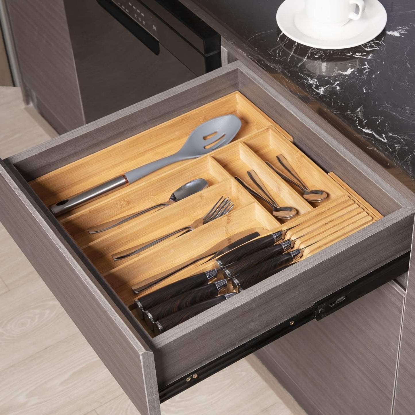 TIOPGHAD Small-Bamboo-Silverware-Drawer-Organizer, Expandable Utensil Kitchen Cutlery Tray Flatware Organization Adjustable Wood Tableware Dividers Storage (with Removable Knife Block)(Natural)