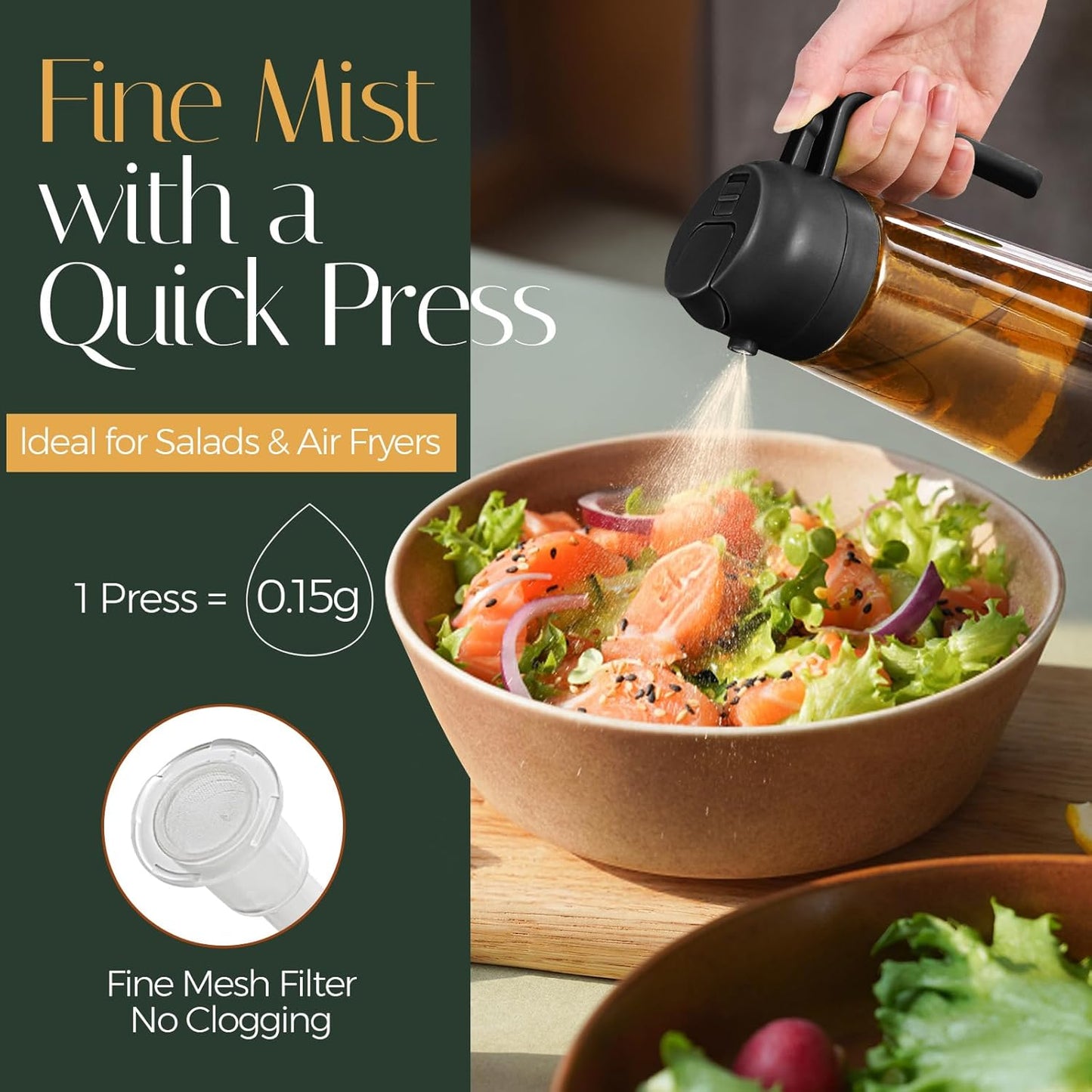 YARRAMATE 2Pcs 16oz/470ml Dark Brown Oil Sprayer for Cooking with Stickers, Food-grade Premium 2 in 1 Olive Oil Dispenser Bottle for Kitchen Gadgets, Air Fryer, Salad, Frying, BBQ (Black&OliveGreen)